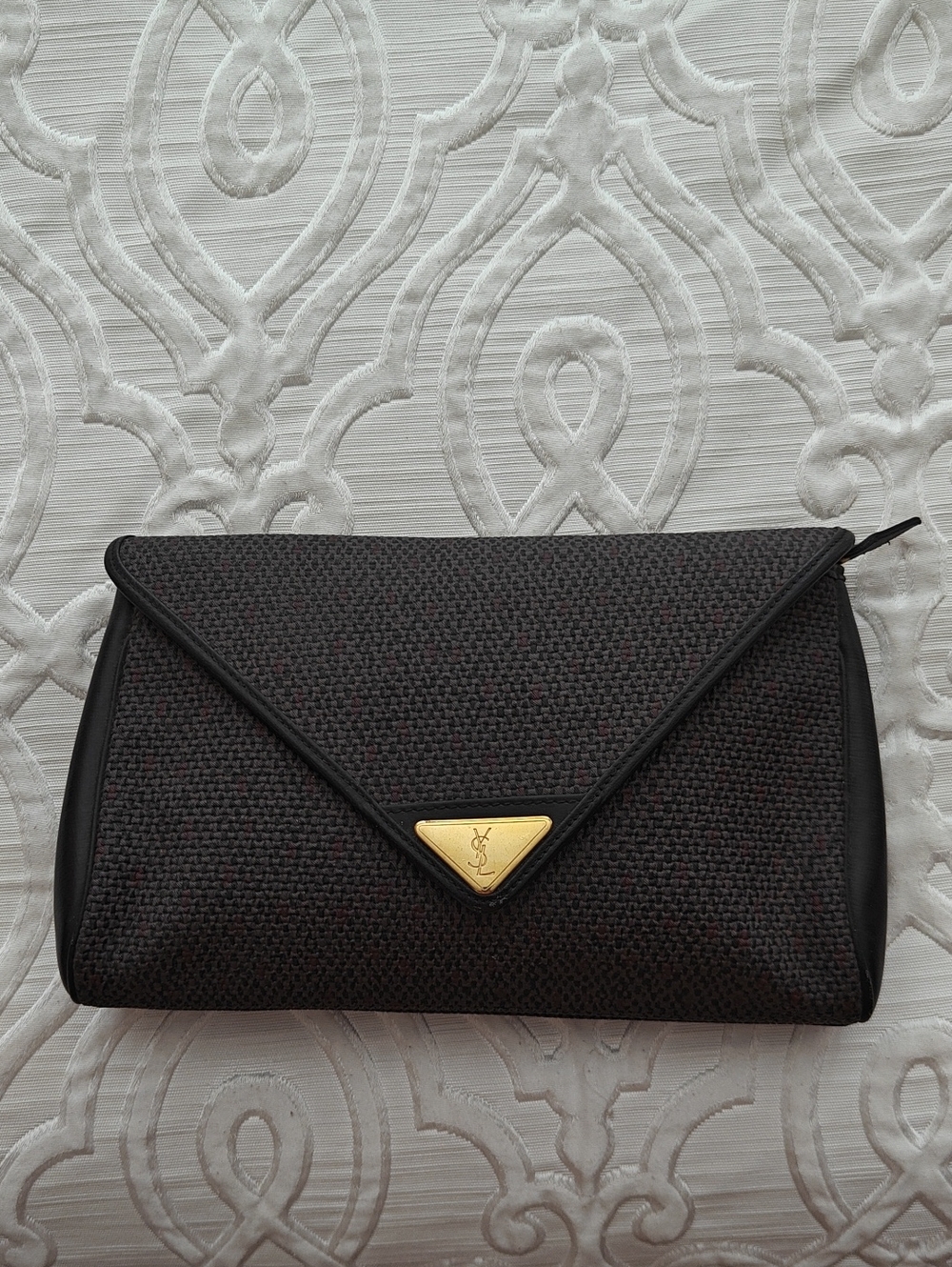Vintage Authentic Yves Saint Laurent Black Tweed Envelope Wristlet